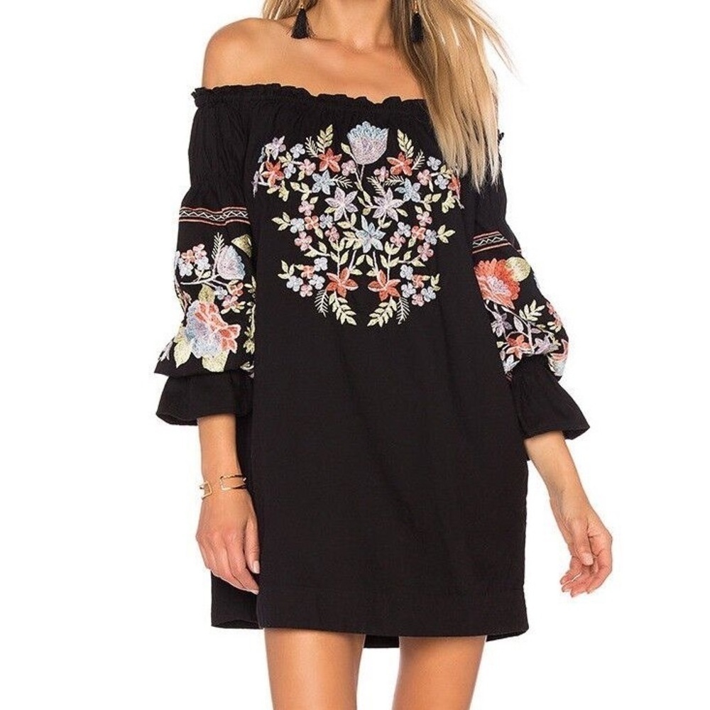Free People Fleur Du Jour Black Embroidered Off the Shoulder Shift Dress in XS